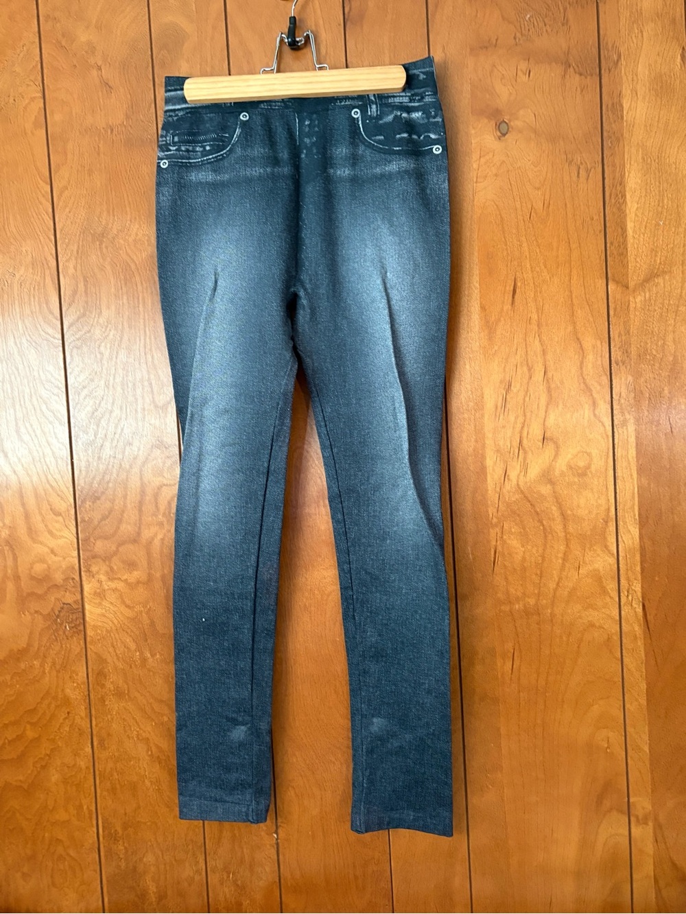 High-Rise Black Stretch Leggings with Faux Denim Detail